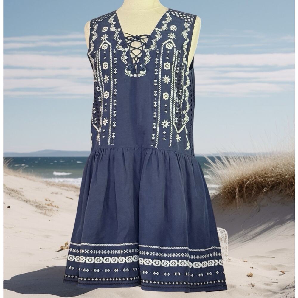 SEA New York Embroidered Dress Sz 4 Blue Silk and Linen Lined Bohemian Designer